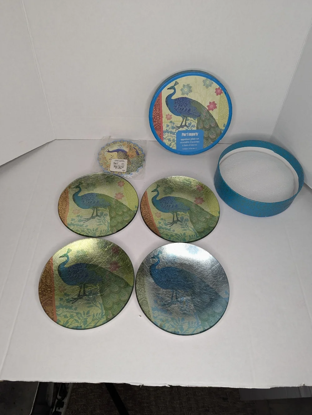 Pier 1 Peacock 4 Foil Glass App Plates Set And 15 Pc Die Cut Coasters Set Bundle